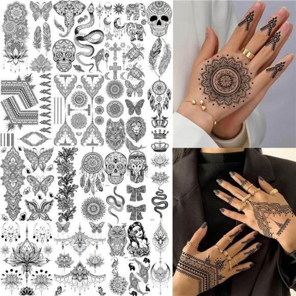 32 Sheets 89+ PCS Black Lotus Temporary Tattoos For Women Hands Adults - Picture 1 of 7